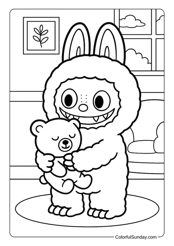 Labubu hugging a teddy bear with a big smile in a cozy room in this sweet coloring page.