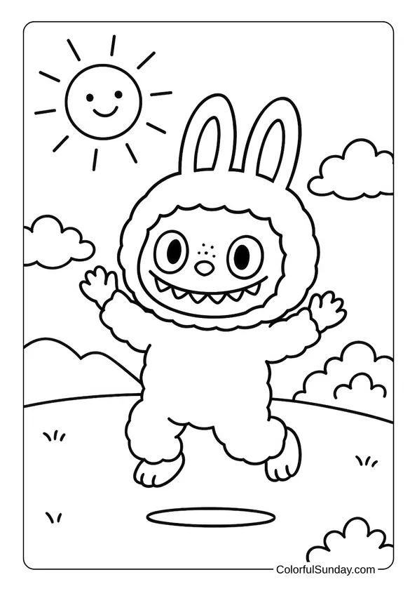 Jumping in the air with joy, Labubu appears full of energy in this coloring page.