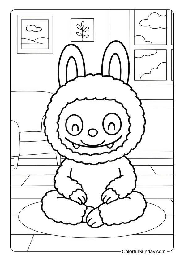 Coloring page of Labubu sitting calmly on a rug with a peaceful smile indoors.