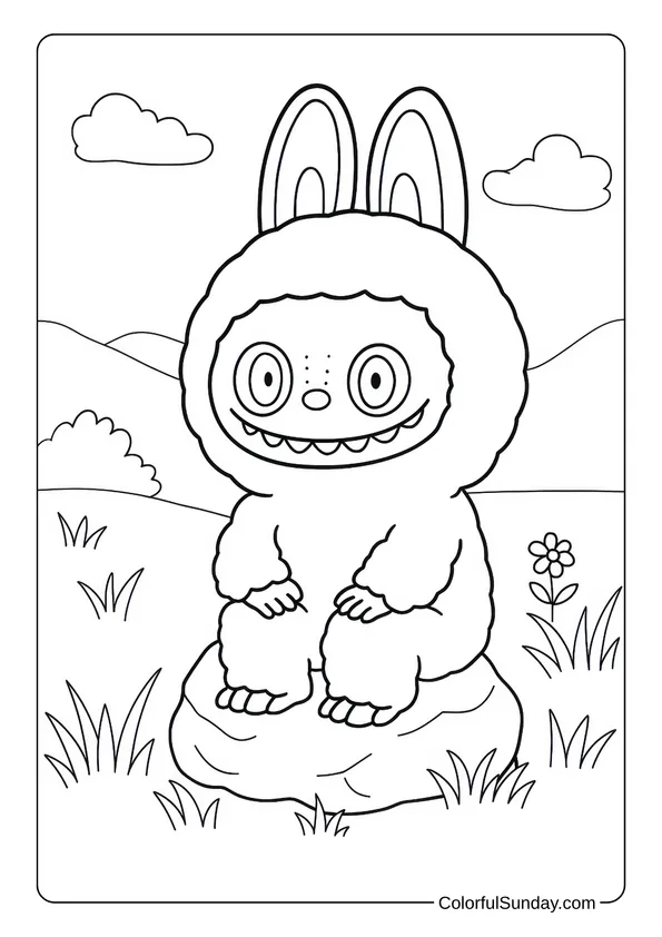 Labubu sitting on a rock in a field with flowers and hills in the background in this nature-themed coloring page.