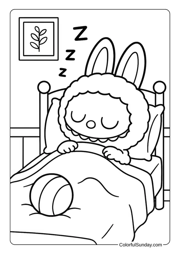 Sleeping peacefully in bed with a ball nearby, Labubu rests in this calm coloring page.