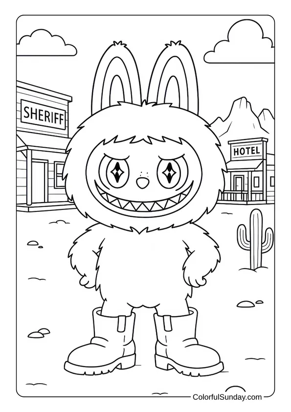 Labubu standing confidently in big boots in a Wild West town in this fun coloring page.