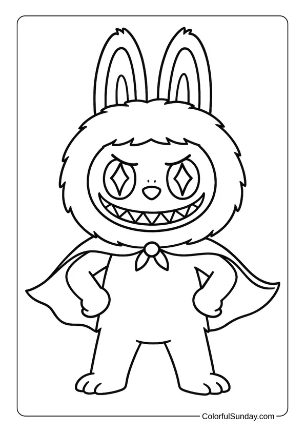 Labubu looking like a superhero with a cape and confident stance in this bold coloring page.