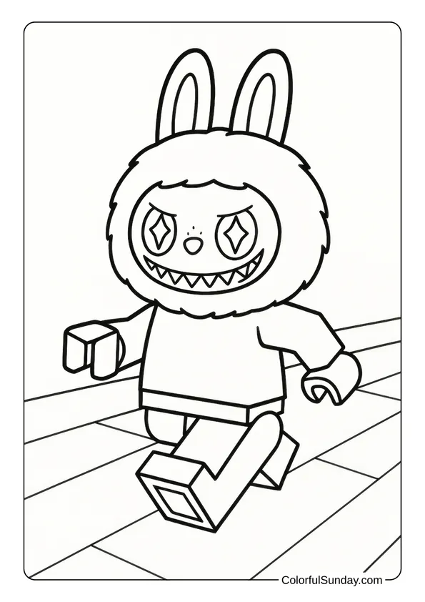 Labubu coloring page featuring a blocky LEGO-style version of the character in motion.
