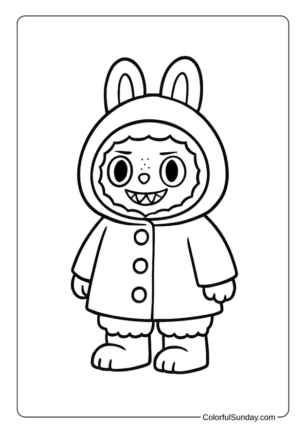 Wearing a buttoned coat and big boots, Labubu looks ready for winter fun in this coloring page.