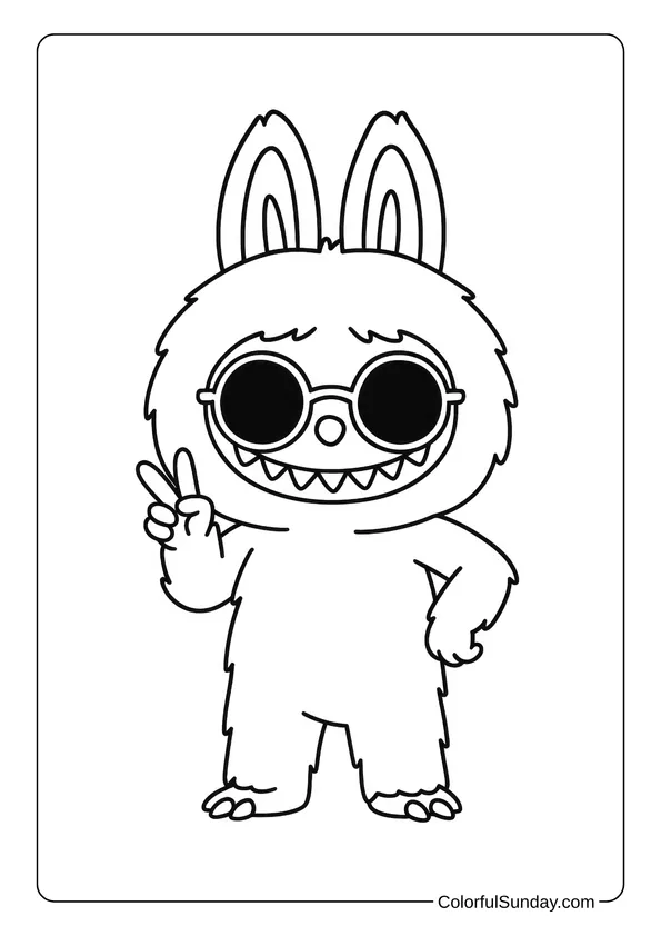 Labubu showing a peace sign while wearing sunglasses in this cool coloring page.