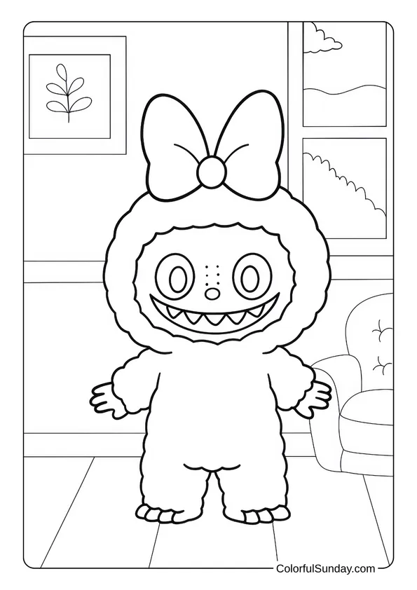 Labubu coloring page featuring him wearing a big bow and smiling indoors.