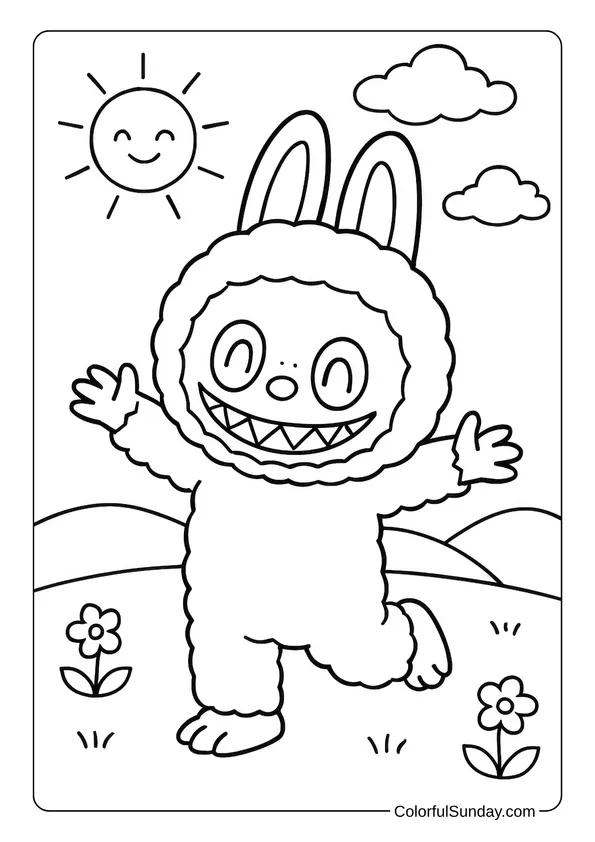 Coloring page of Labubu dancing in a sunny meadow.