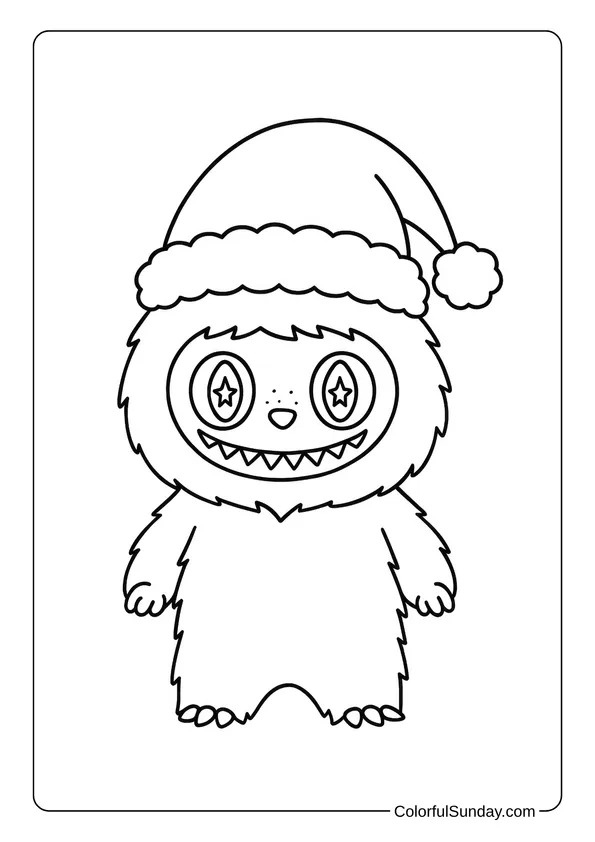 Labubu wearing a Christmas hat and smiling with starry eyes in this festive coloring page.