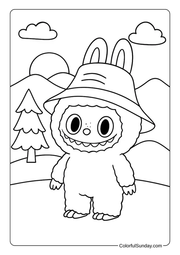 Labubu wearing a big floppy hat and standing in the mountains on this charming coloring page.