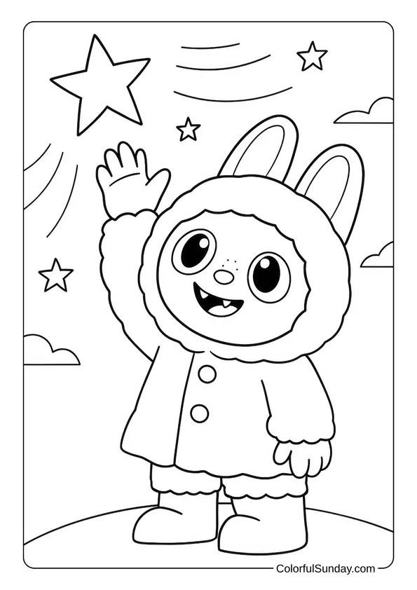 Labubu coloring page pointing at a shooting star in the night sky.