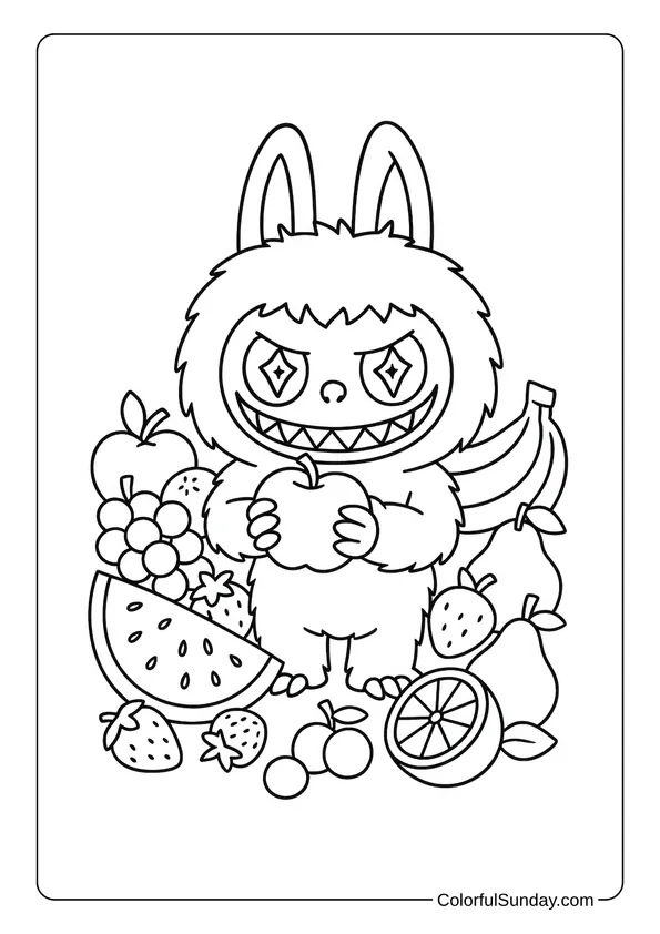 Labubu surrounded by fruit and holding an apple with a wide grin in this fun and healthy coloring page.