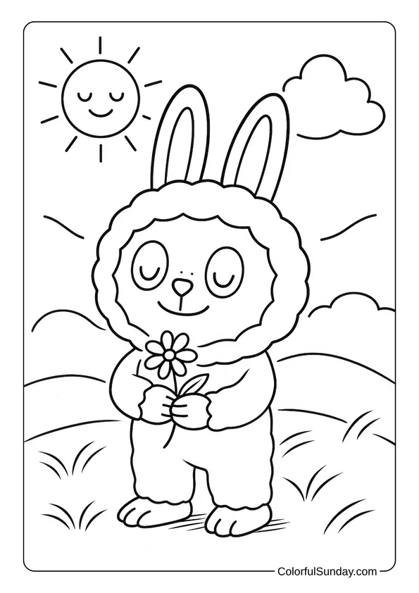 Labubu peacefully holding a flower in a calm field under a smiling sun in this relaxing coloring page.