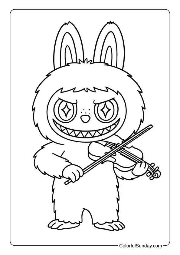 Labubu holding a violin and smiling with starry eyes in this musical-themed coloring page.