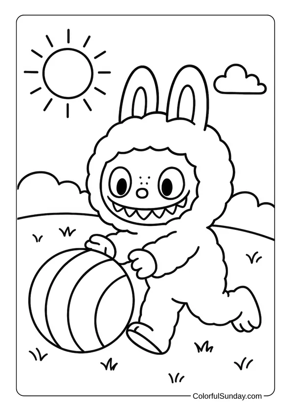 Labubu playing with a ball in a grassy field on a bright day in this playful coloring page.
