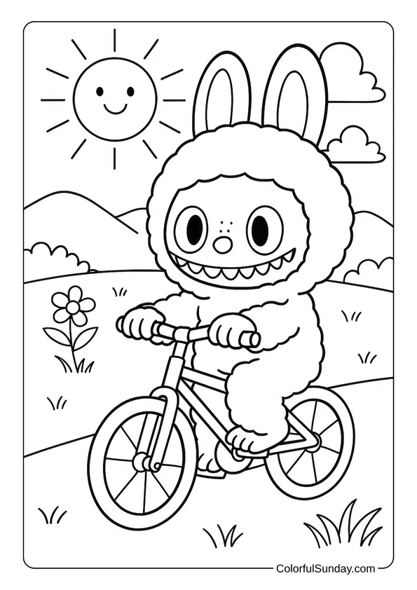 Labubu riding a bicycle on a sunny path with flowers and hills around in this energetic coloring page.