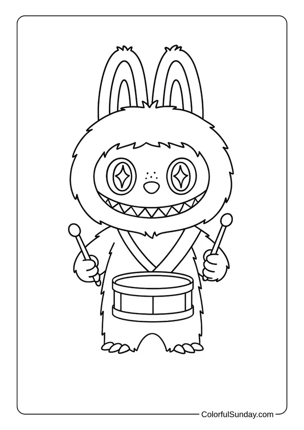Labubu playing a drum with shiny eyes and two drumsticks in this musical coloring page.