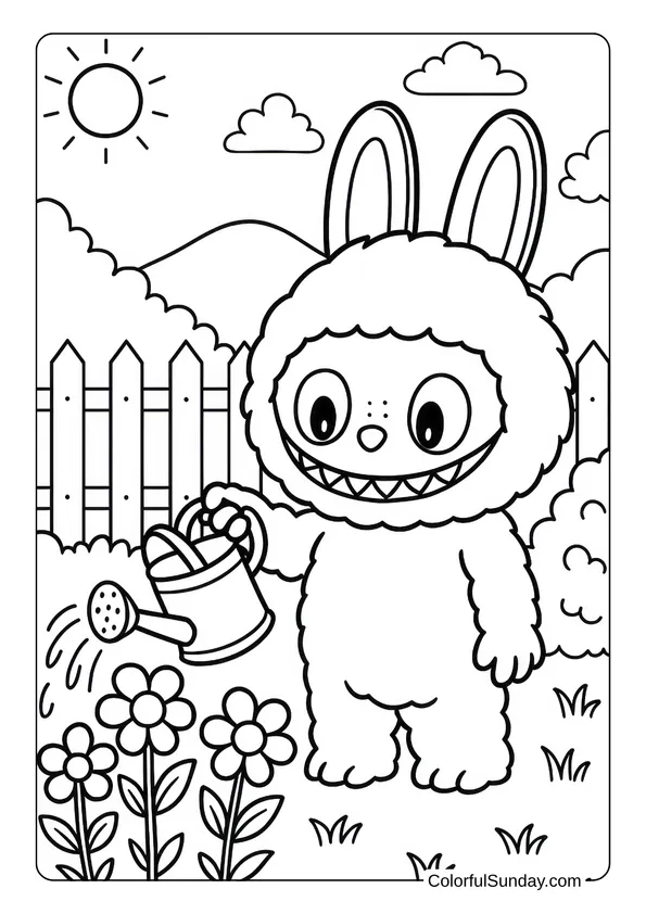 Cute Labubu watering flowers in a garden under the sun in this fun coloring page.