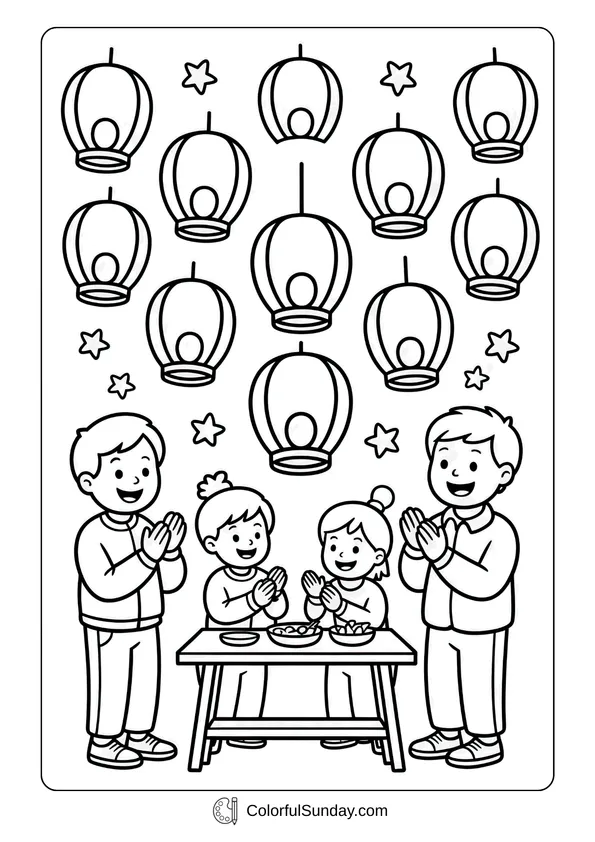 Pokemon Badges And Logo Coloring Page Family enjoying a table of treats under floating lanterns and stars in an October celebration coloring page.