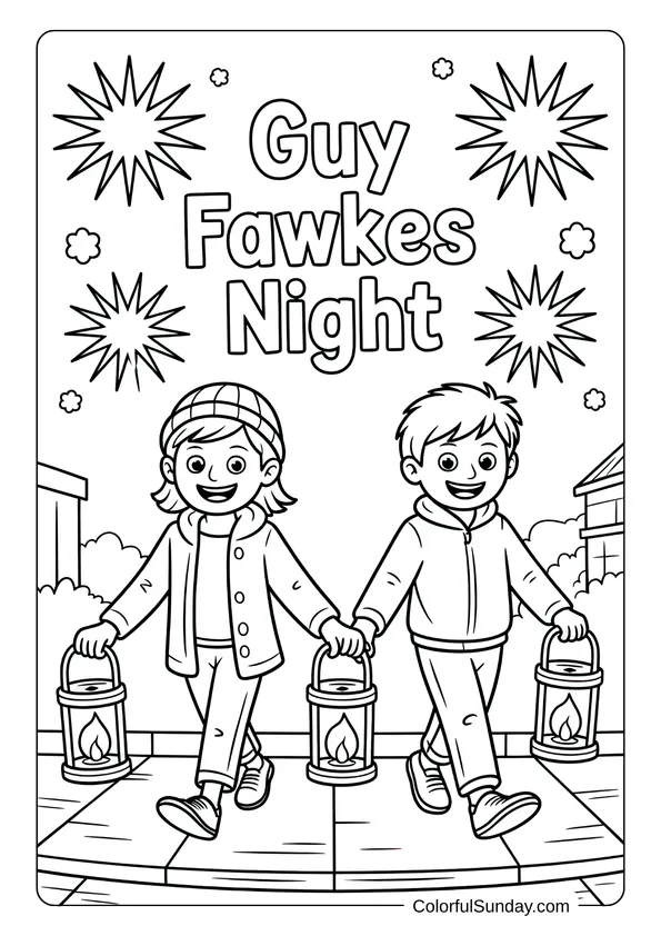 Coloring page of two smiling children carrying lanterns through the street during a lively Guy Fawkes Night.