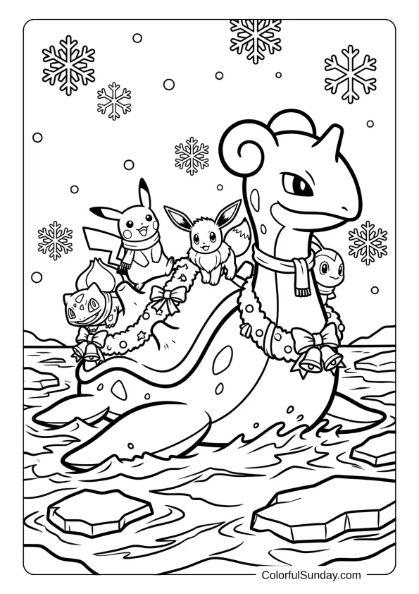 A coloring page of Lapras carrying Christmas Pokémon across icy waters with festive garlands and snowfall around.