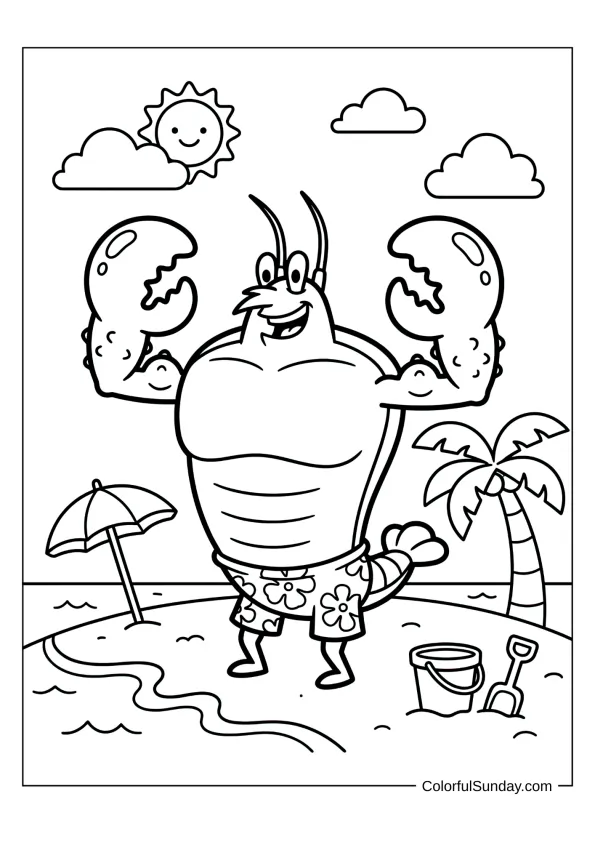 Larry the Lobster flexing his big muscles at the beach coloring page for kids