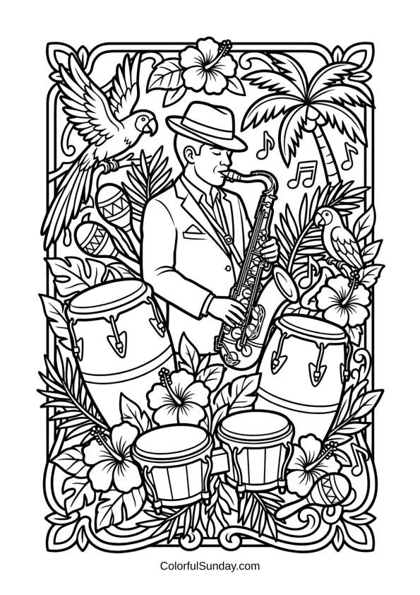 Saxophonist playing with Latin rhythm instruments coloring page, featuring congas, bongos, and tropical decorative elements.