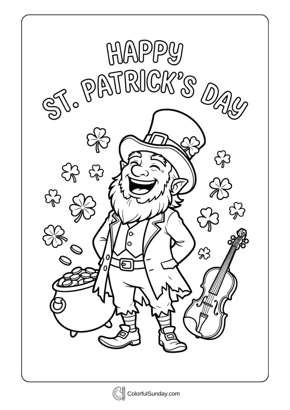 Loud laughter fills a carefree St. Patrick’s Day moment in this leprechaun coloring page.