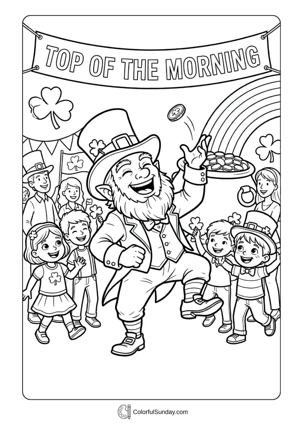 Laughter fills this coloring page as a leprechaun enjoys playful St. Patrick’s Day festivities.