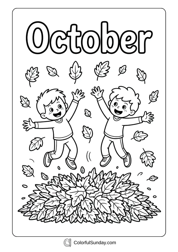 Pokemon Badges And Logo Coloring Page Two kids jumping into a big pile of leaves in the middle of an October coloring page.