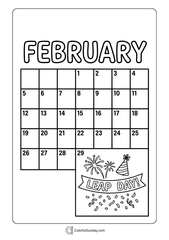 A leap day coloring page showing special calendar highlighting February twenty-ninth with symbols coloring page