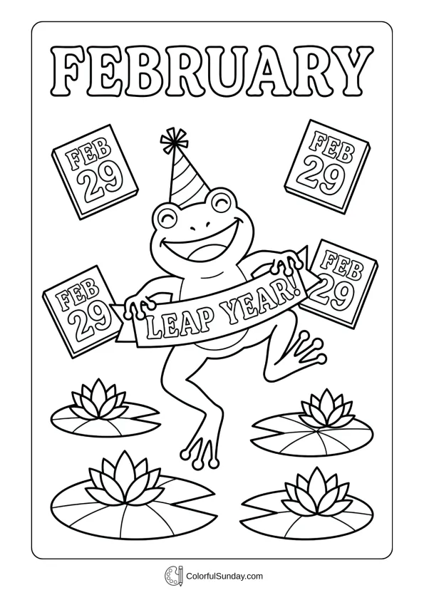 Leap year February coloring page showing a jumping frog celebrating with calendar and lily pads coloring page