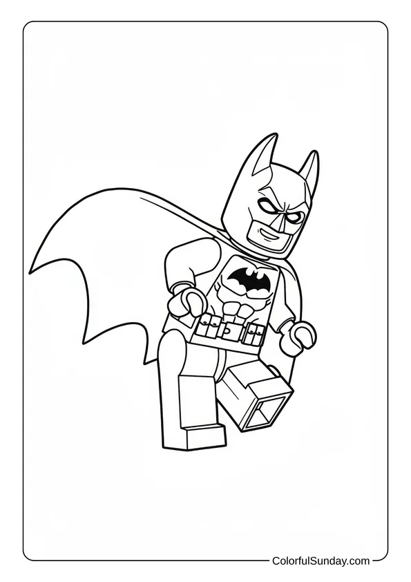 Lego Batman jumps and kicks in the air in this energetic Lego coloring page.
