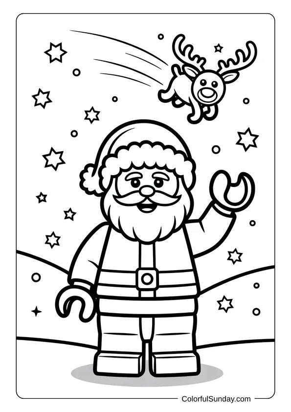 Coloring page of a Lego Santa Claus waving with a flying reindeer under a starry night sky.