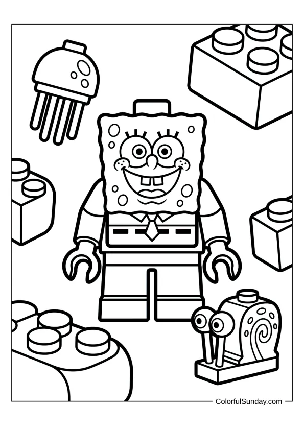 Smiling Lego SpongeBob as a building block toy coloring page for kids
