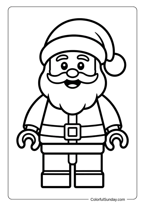 Lego-style Santa Claus illustration with blocky features and a cheerful face, perfect for a Christmas coloring page.