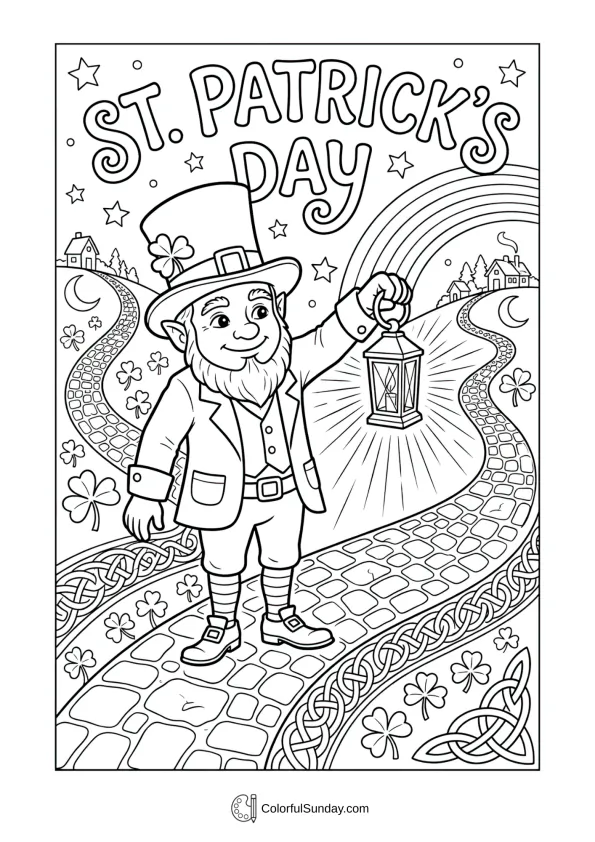 With a glowing lantern, this coloring page shows a leprechaun lighting St. Patrick’s Day evenings.