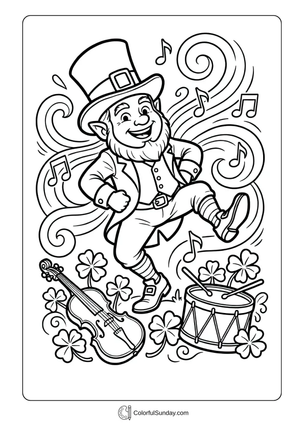 This coloring page features a joyful leprechaun dancing freely while music fills St. Patrick’s Day air.