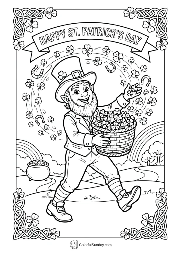 Carrying clovers for good luck, a leprechaun stars in this St. Patrick’s Day coloring page.