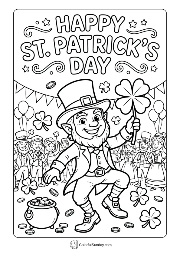Playful and lucky, a leprechaun holds a shamrock during St. Patrick’s Day in this coloring page.