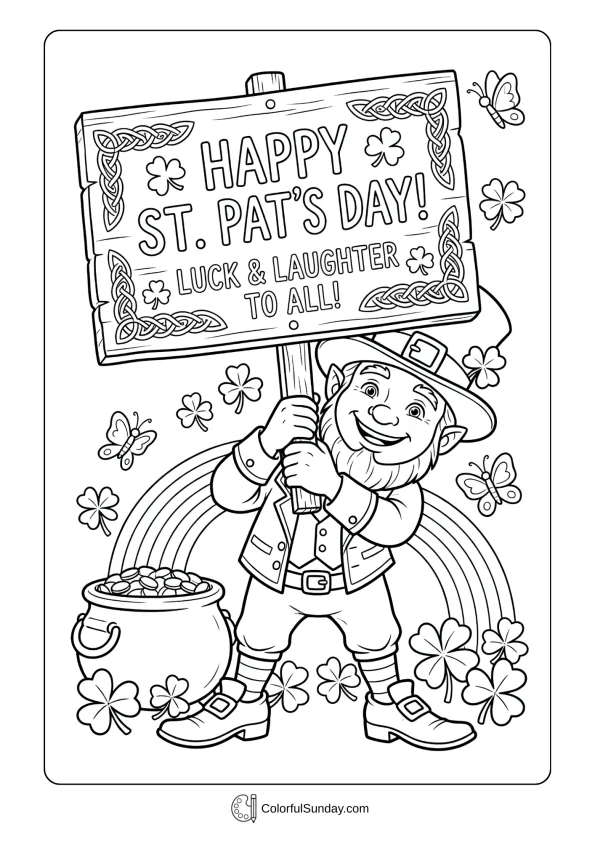 Holding a festive sign, the leprechaun spreads cheer in this coloring page for St. Patrick’s Day.
