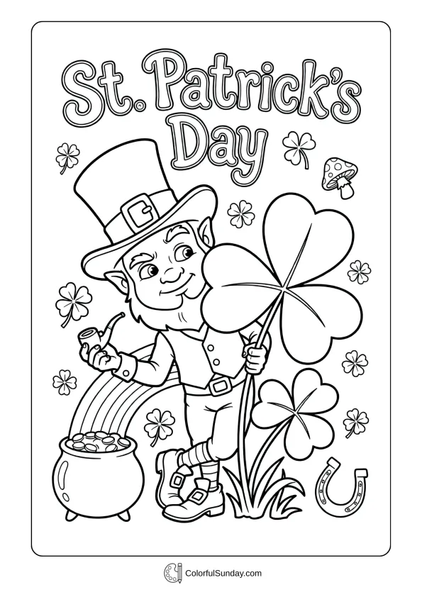 A curious sideways glance gives character to this St. Patrick’s Day coloring page leprechaun.