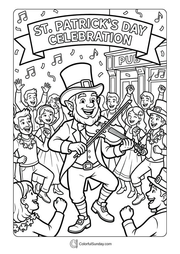 A musical leprechaun plays lively tunes for St. Patrick’s Day crowds in this coloring page.