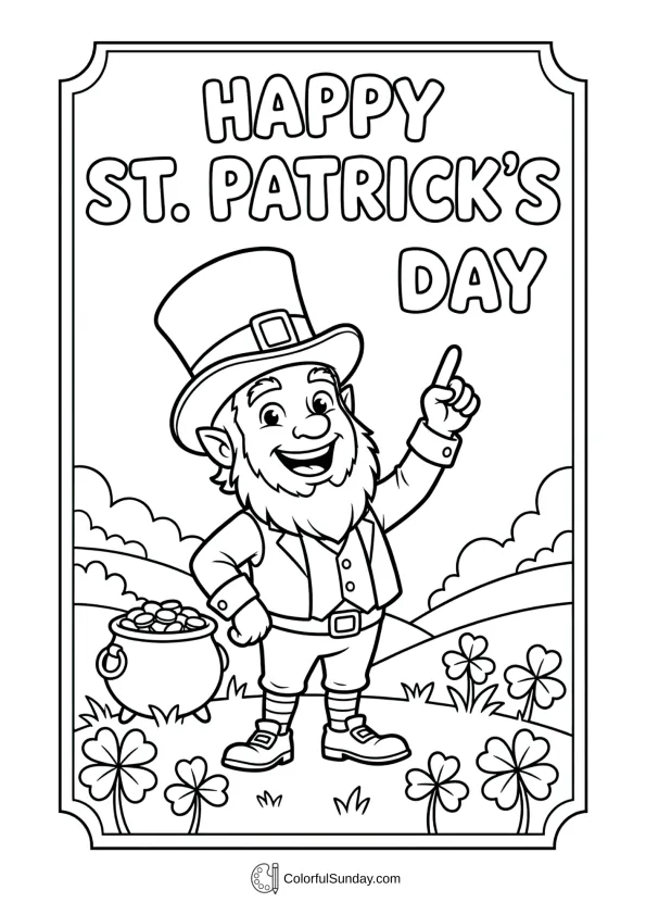 A grinning leprechaun points upward, adding humor to this St. Patrick’s Day coloring page.