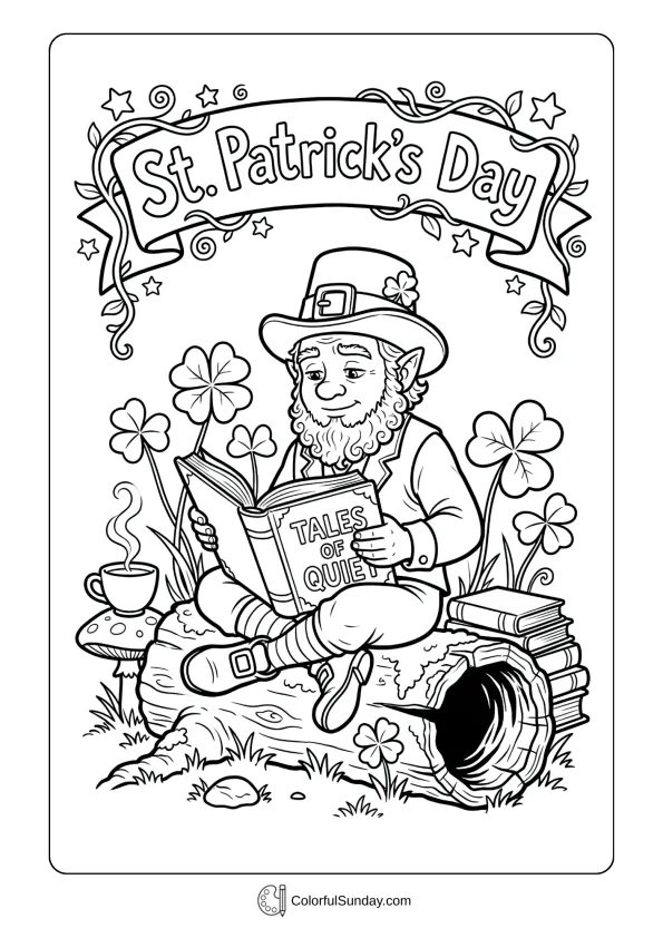 Coloring page illustration of a thoughtful leprechaun reading during a calm St. Patrick’s Day moment.
