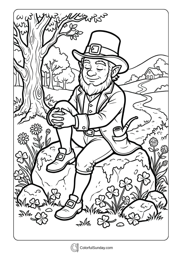 The leprechaun sits on a stone enjoying peace in a St. Patrick’s Day coloring page.