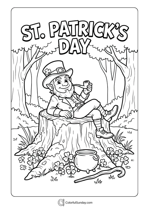 Resting on a stump, the leprechaun relaxes in a peaceful St. Patrick’s Day coloring page.
