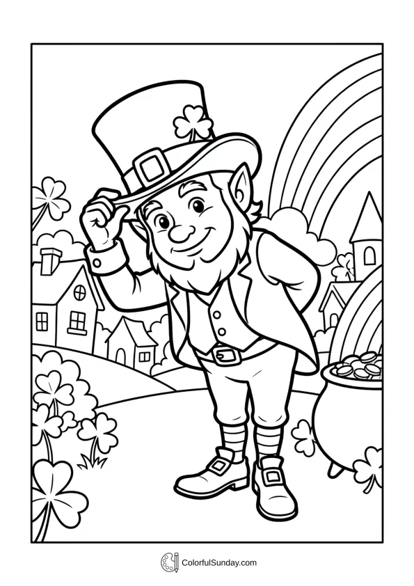 A polite leprechaun tips his hat as St. Patrick’s Day begins in this charming coloring page.