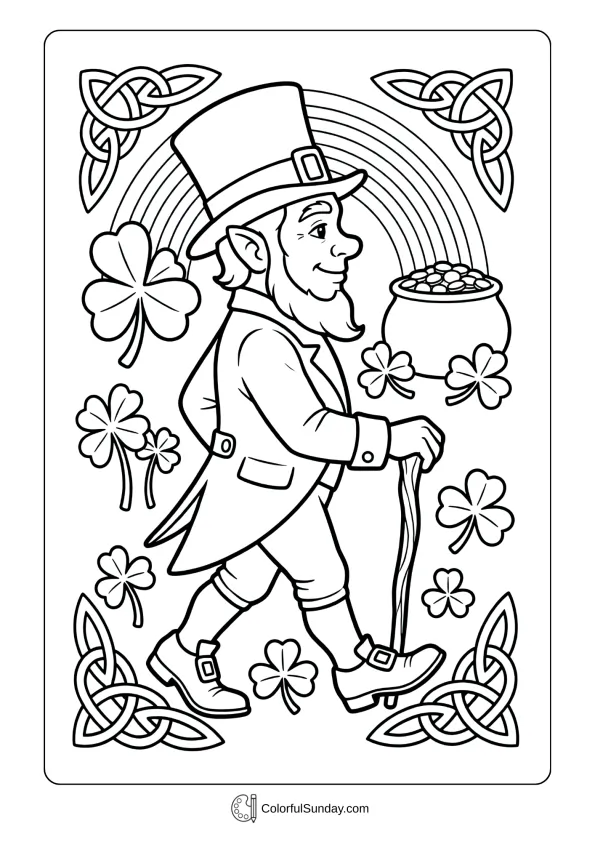 Shown in side view, a leprechaun walks calmly in this St. Patrick’s Day coloring page.