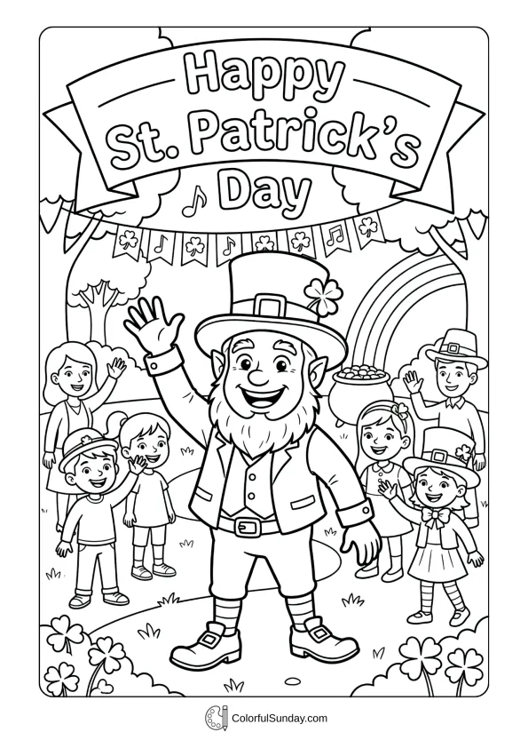 Coloring page showing a cheerful leprechaun waving warmly as St. Patrick’s Day brings smiles and friendly cheer.